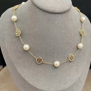 Tory Burch Gold Chain Necklace with Pearls and Logo Discs